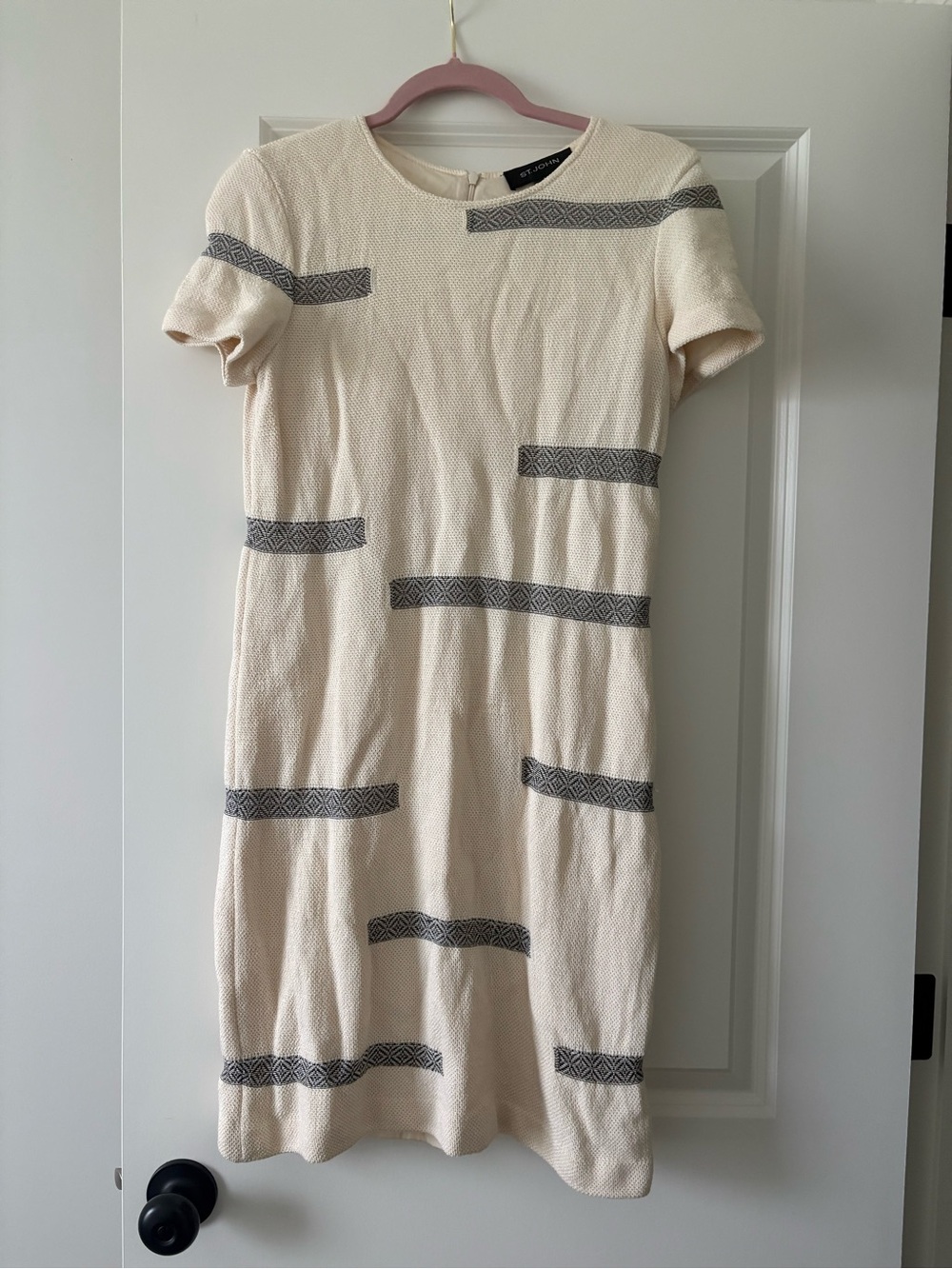 St. John Cream Short-Sleeve Knit Mini with Black Geometric Bands